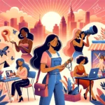 Illustration showcasing a diverse group of women engaged in various side hustles. One woman is crafting handmade jewelry, another is tutoring online, and a third is taking photographs with a professional camera. The background features a cityscape with buildings and a rising sun, symbolizing new beginnings and opportunities. The aura of the scene emphasizes empowerment and financial growth.