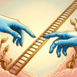 Illustration of two hands of different descents reaching out to each other, with a ladder made of golden rungs in between against a pastel background.