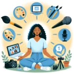 Illustration depicting a diverse woman in the center, surrounded by various icons representing side hustles. On her left, there's a paintbrush and palette indicating artistic pursuits, on her right, a laptop signifying online freelancing, above her, a microphone for podcasting or voice work, and below, a camera for photography. The whole scene is enveloped in a light, empowering glow, emphasizing the importance of choice and financial empowerment.