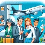 Illustration depicting a diverse group of travelers at an airport, looking pleased as they review their travel tickets. In the background, an airplane is taking off, symbolizing the journey ahead. To the side, there's a depiction of a cozy and affordable hotel room, representing economical accommodations. The overall scene conveys the idea of savvy travel and budget-friendly choices.