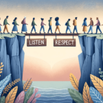 Illustration of a bridge connecting two cliffs with people of diverse genders and descents walking towards each other. The bridge is made of words like 'Listen' and 'Respect'.