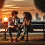 a diverse couple sitting on a park bench, deeply engrossed in conversation with a serene sunset in the background