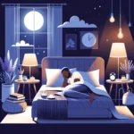 Illustration showcasing a serene bedroom setting at night. A diverse individual is comfortably sleeping on a bed with soft pillows and a cozy blanket, surrounded by calming elements like dim lighting, a nightstand with a book and a lavender plant, and a soft-glowing moon visible through the window. The atmosphere radiates peace and relaxation, emphasizing the importance of quality sleep.