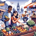 Illustration showcasing a diverse couple in a foreign market, selecting fresh and local produce, indicating cost-effective choices. Nearby, a street performer plays music, symbolizing budget-friendly entertainment. The background features popular tourist landmarks, but with signs indicating discounts or deals. The overall scene portrays the idea of smart savings while enjoying food and activities during travels.