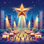 Illustration of a vibrant cityscape with diverse entrepreneurs setting up stalls, each showcasing unique products or services. Above them, a series of spotlights converge to form a radiant star, emphasizing the theme of marketing strategies coming together to boost brand visibility.