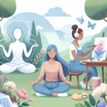 Illustration showing a diverse group of women practicing stress-relief techniques. One woman is meditating with a calm aura around her, another is painting on a canvas with soft pastel colors, and a third is listening to soothing music with headphones. The setting is a peaceful garden with blooming flowers and a gentle waterfall, emphasizing tranquility and inner peace.