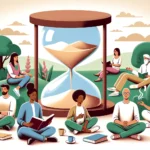 Illustration of a diverse group of individuals of different descents and genders sitting in a serene garden setting. They are engaged in various relaxing activities such as reading, meditating, and sipping tea. In the background, there's a large hourglass, with the sand almost running out, symbolizing the importance of time management.