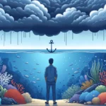 Illustration of a diverse individual standing at the edge of a vast, serene underwater scene. Above the waterline, stormy clouds loom, representing anxiety and turmoil. Below the water, a calm environment unfolds with marine life, corals, and an anchor, symbolizing depth, understanding, and grounding.