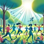 Illustration depicting a diverse group of individuals engaging in various forms of exercise such as jogging, yoga, and weightlifting. The background features a lush park with trees and a serene lake, symbolizing vitality. Sun rays pierce through the trees, illuminating the individuals and highlighting their determination and energy.