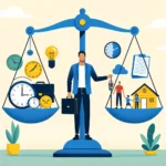 Illustration of a diverse individual standing in the middle of a scale. On one side of the scale, office items like a laptop, clock, and briefcase symbolize work commitments. On the other side, there are symbols of personal life such as a house, a family, and leisure activities. The scale is perfectly balanced, representing the importance of setting boundaries between work and personal life.